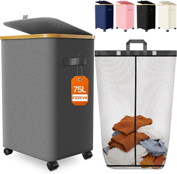 Laundry Hamper with Wheels, 75L Rolling Laundry Basket, Removable Inner Bag