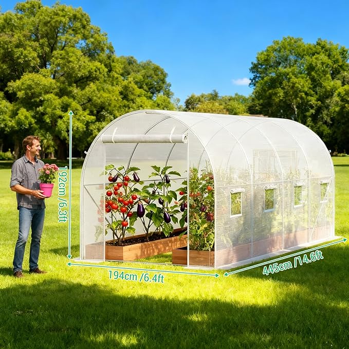 Premium 14.6x6.4x6.3 Ft Greenhouse for Outdoors, Large Walk-in Heavy Duty Galvanized Steel Frame, Mesh Door Screen Window Tunnel Hoop Garden Plant Winter Hot House for Backyard Plants Shed White