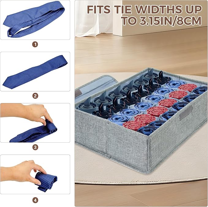 PINGMIC 3-Pack Sock & Tie Organizer with Lid, 30-Cell Foldable Storage Box