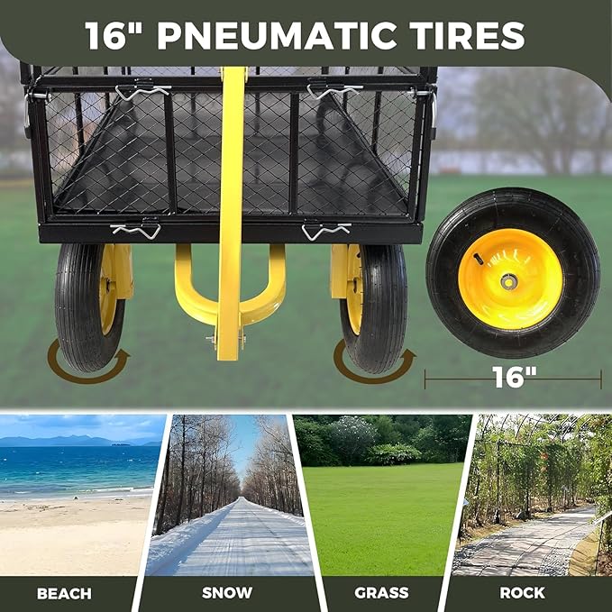 Heavy Duty 1400 lbs Capacity Steel Garden Cart with Removable Mesh Sides & 16" Tires, Convertible Flatbed Utility Wagon for Farm, Yard, Lawn, and Beach Use, Yellow