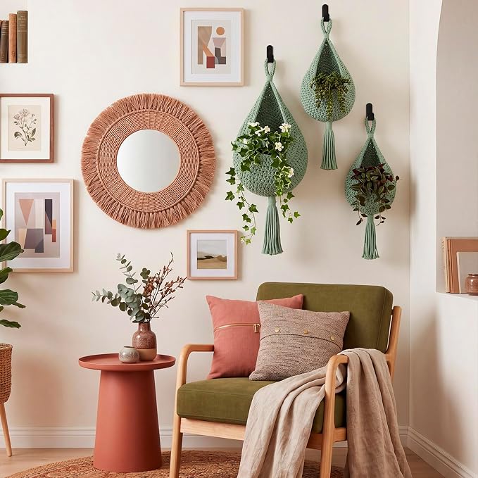 Honeydak 3 Hanging Baskets, Sage Green, Tassel, Cotton Rope | Wicker Wall Baskets with Hooks for Fruit Vegetable Onion Storage, Teardrop Organizer for Kitchen, Boho Farmhouse Decor