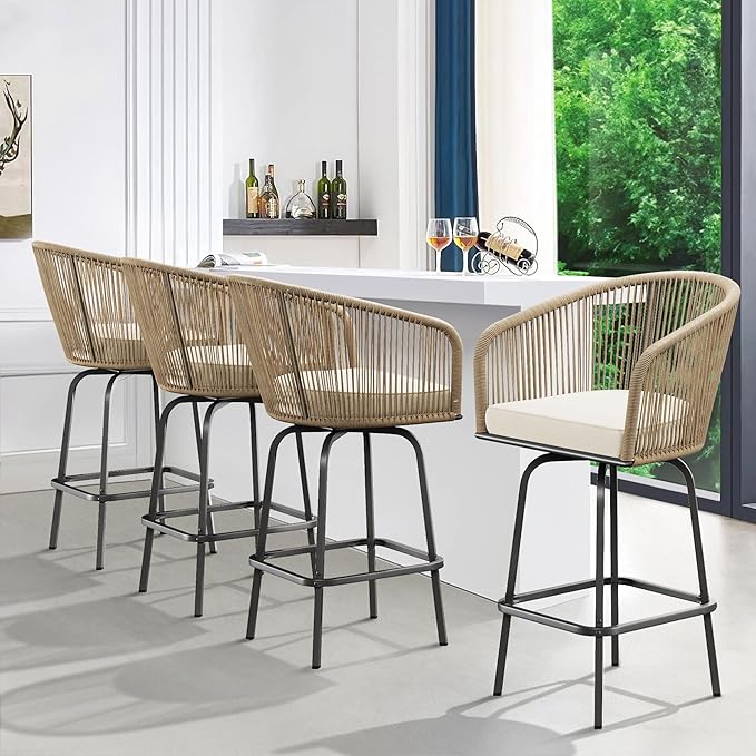 YITAHOME Counter Height Bar Stools Set of 4, Outdoor Bar Stools with Soft Cushions, Patio Rattan Swivel Bar Chairs for Backyard Poolside, Garden w /360 Rotation (Beige)