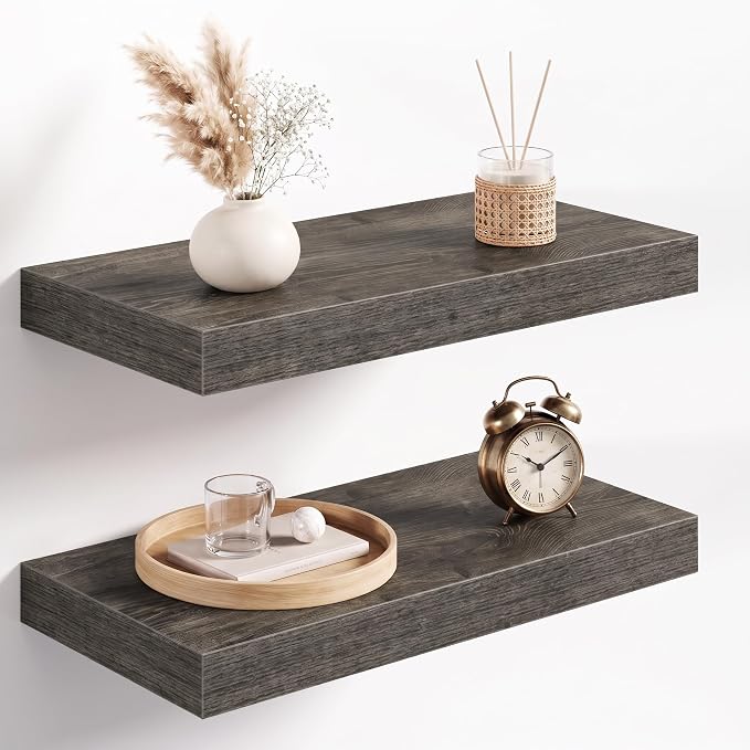 Acovy 16x8in Floating Shelves 2 Pack, Wall Mount Display Shelf, Grayish Oak | Invisible Brackets, 18lb Sturdy MDF, 8in Deep Shelf, Easy Install, For Bedroom, Bathroom, Living Room, Kitchen & Office