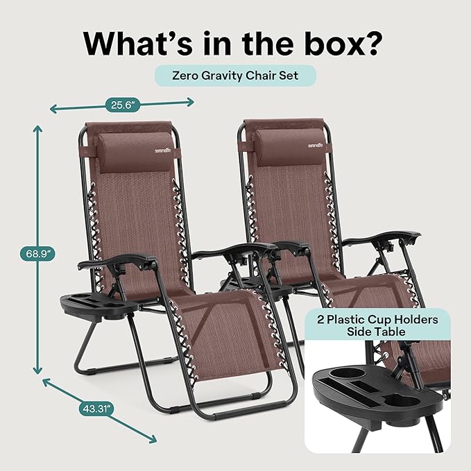 SereneLife Outdoor Zero Gravity Lounge Chair Set, 2 Pack Adjustable Recliner Chairs with Cup Holder Side Table and Padded Headrest, Foldable Patio Lawn Chairs, Weather Resistant Design (Brown)