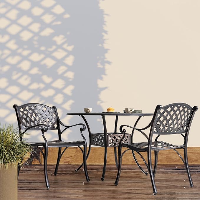 NUU GARDEN Cast Aluminum Patio Dining Chairs with Armrests for Indoor Outdoor Bistro Chairs for Balcony, Backyard, Garden, Black with Bronze Edge