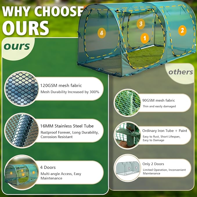99x49x49 Inch Crop Cage, Portable Tunnel Plant Netting Cover Tomato Netting, 4 Roll-Up Zipper Door Garden Cage, Bug Netting Cover for Vegetables & Fruits, Durable Raised Garden Bed Covers