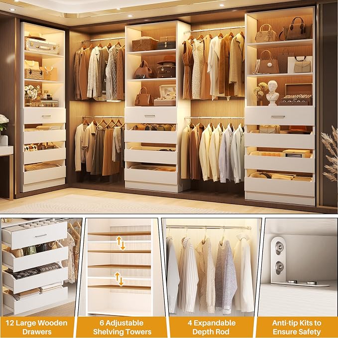 Aheaplus Closet System with 12 Drawers, 8.5-11.5Ft Wood Closet Organizer