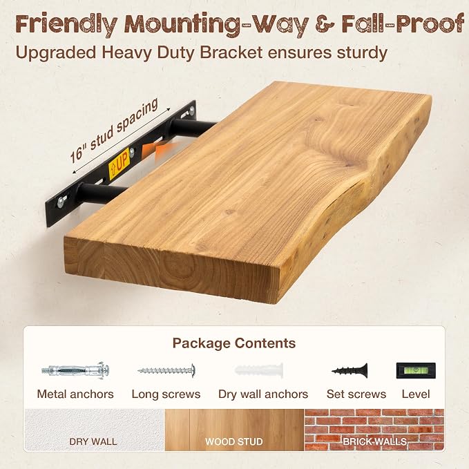 fuqing Live Edge Floating Shelves for Wall, 72 Inch Solid Elm Wood Shelves