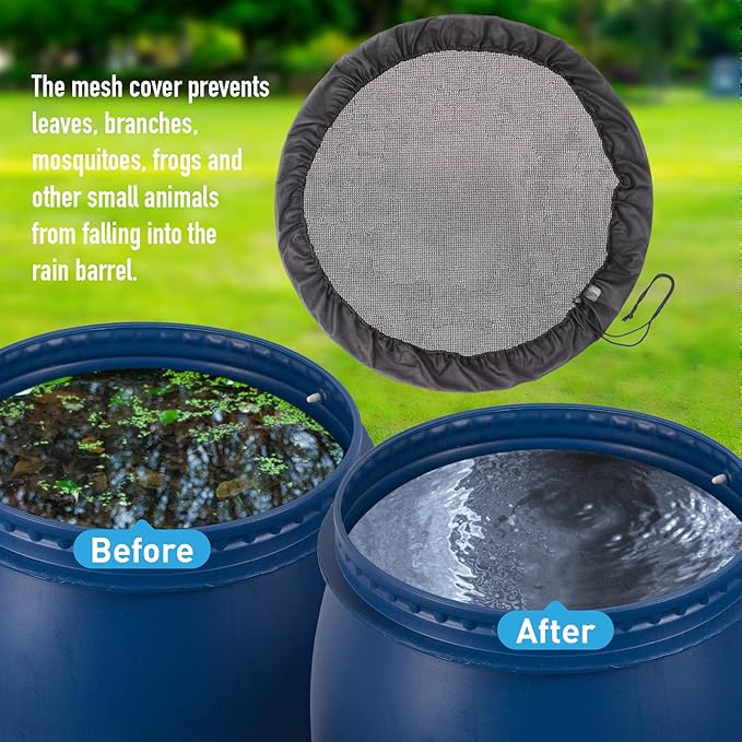 2 Pieces Mesh Cover for Rain Barrels with Drawstring, Water Collection Buckets Tank Protector, Rainwater Bucket Netting Screen Cover for Outdoor Garden, 37.4 Inches, White+Black