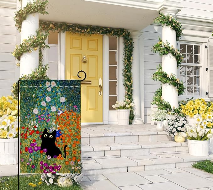 BLKWHT Spring Cat Garden Flag 12x18 Vertical Double Sided Colorful Floral Farmhouse Holiday Outside Decorations Burlap Yard Flag BW571-12