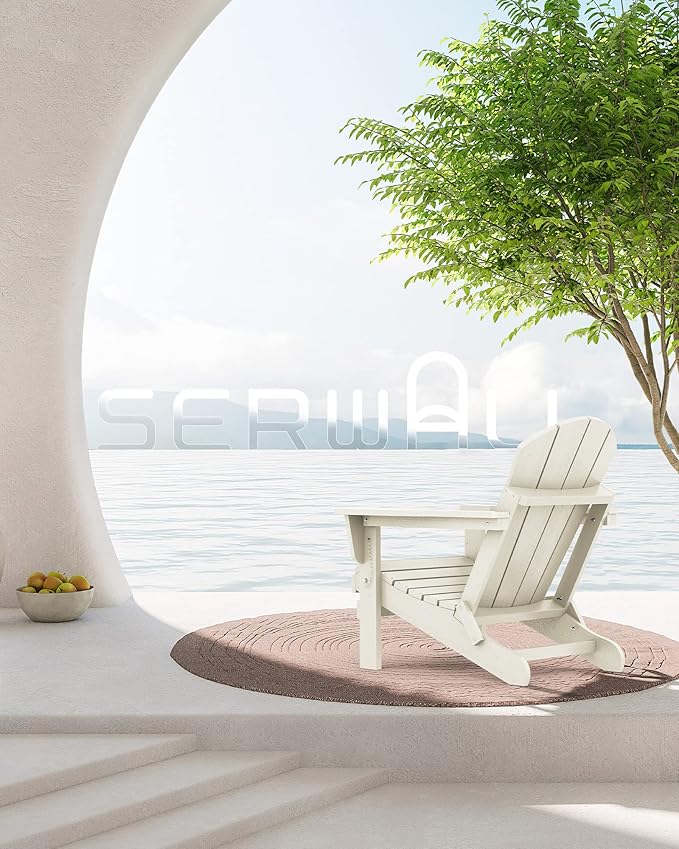 SERWALL Folding Adirondack Chair with Cup Holder, HIPS Adirondack Chairs Outdoor Chairs Weather Resistant Fire Pit Chairs- White