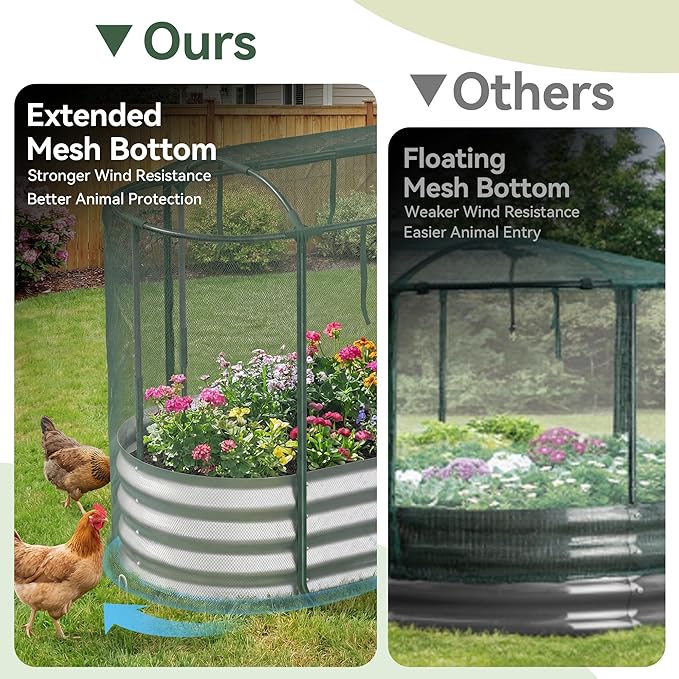 Lineware Raised Garden Bed with Self-Watering System, 4x2x1 ft Elevated Planter Boxes Outdoor with Mesh Cover, Oval Galvanized Raised Beds for Gardening,Vegetables,Flowers, Backyard, Patio
