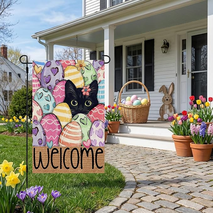CROWNED BEAUTY Easter Garden Flag Eggs Cat 12x18 Inch Double Sided Holiday Decoration for Outdoor Lawn Yard