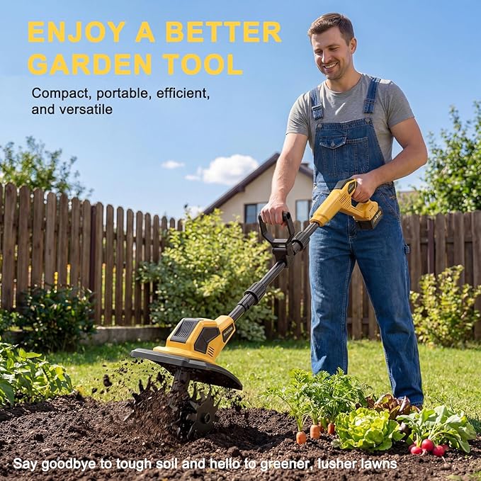 21V Cordless Tiller Cultivator, 2x4.0Ah Battery Powered Electric Garden Tiller, 360RPM Rototiller with 48 Steel Tines, 9.7" Width & 7" Depth, Lightweight Soil Tiller for Gardening