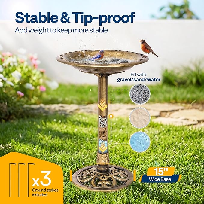 VIVOHOME Bird Bath for Outside, Polyresin Pedestal Bird Baths for Outdoor, Garden, 28 Inch Height Weather-Resistant Birdbaths with 20" Bowl, Copper