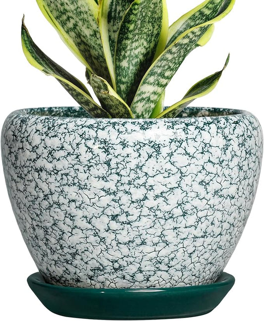 Ceramic Plant Pot - 6 Inch Planters for Indoor Plants, Round Succulent Pots with Drainage Hole and Saucer, Modern Decorative Plant Pots, Bathroom Decor, House Warming Gifts, Crackle Green
