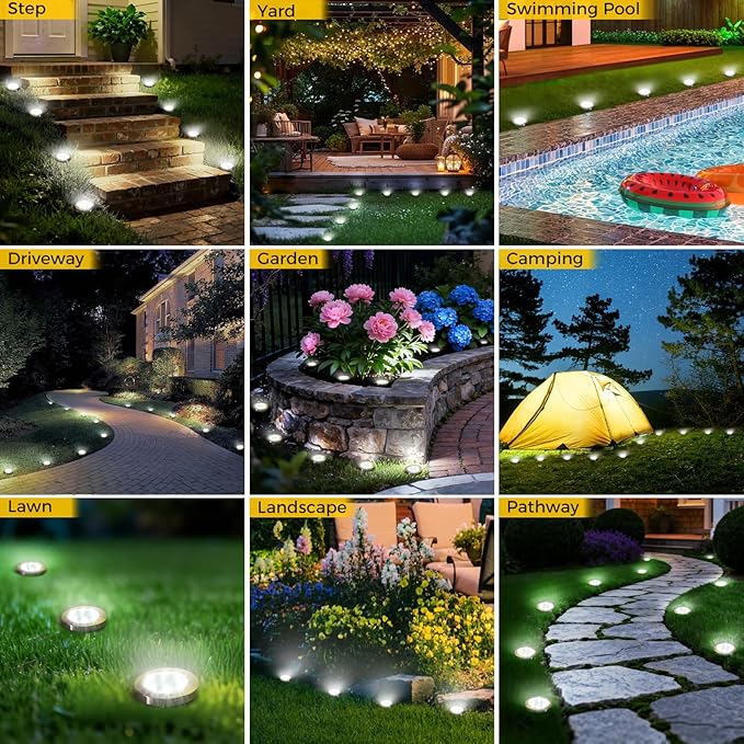 16 Pack Solar Ground Lights Outdoor, 8 LED Mini Flat Solar Disk Lights, IP65 Waterproof Anti-Rust Disc Light, Landscape Lighting for Garden Pathway Yard Walkway Driveway Lawn,Cool White