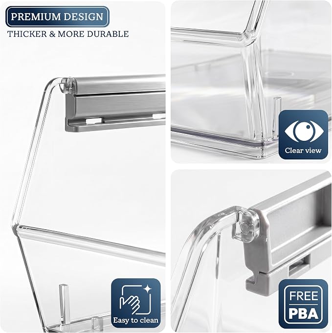 HOMESTEAD Set of 4 Stackable Storage Bins, 2 Large + 2 Small Clear Plastic Organizer Bins, Open Front Design for Kitchen Pantry, Fridge, Cabinet, Bathroom Organization and Snack Storage