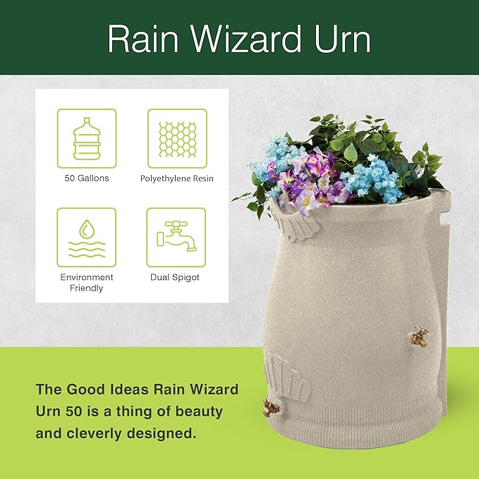 Good Ideas RWUrn50-SAN Rain Wizard Rain Barrel Urn, 50 Gallon, Sandstone