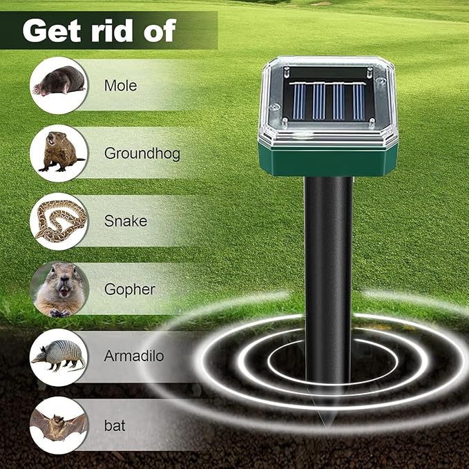12 Pcs Tirgo Mole Repellent Solar Powered for Lawns Snake Repellent for Yard Gopher Groundhog Vole Repellent Trap Ultrasonic Outdoor Waterproof Chipmunk Rodent Burrowing Animals Deterrent Stake (12)