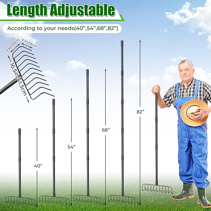 Bow Rake, Thatch Rake for Lawn, 82" Heavy Duty Lawn Leveling Rake with 11 Stainless Steel Tines, Adjustable Long Handle Garden Tool for Loosening Soil, Cleaning the Leaves, Removing Thatch, Laying Sod