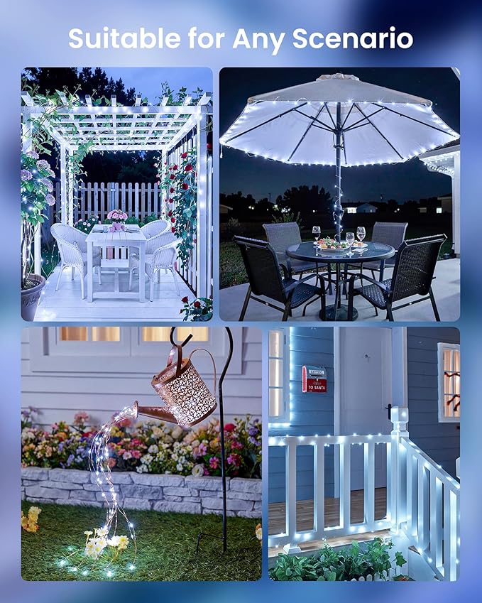 Minetom 2 Pack Solar String Lights, Total 66Ft 200 LED Solar Fairy Lights Outdoor Waterproof, 8 Modes Firefly Starry Moon Twinkle Lights for Yard Garden Patio Tree DIY Crafts Wedding Party(Cool White)