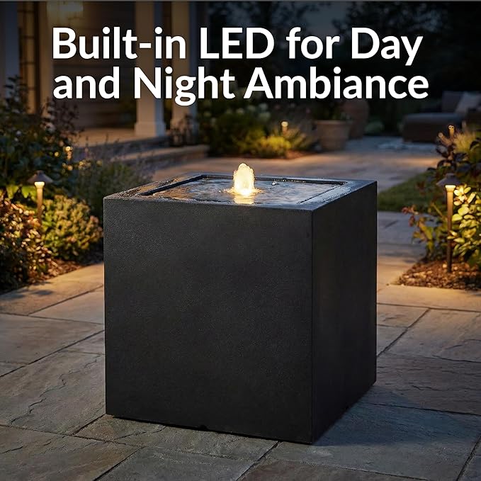 Sunnydaze Outdoor Water Fountain with LED Light - Modern Square Bubbler Water Feature with Pump - 17.5" H - for Patio, Garden, Deck, Relaxation and Stress Relief - Black