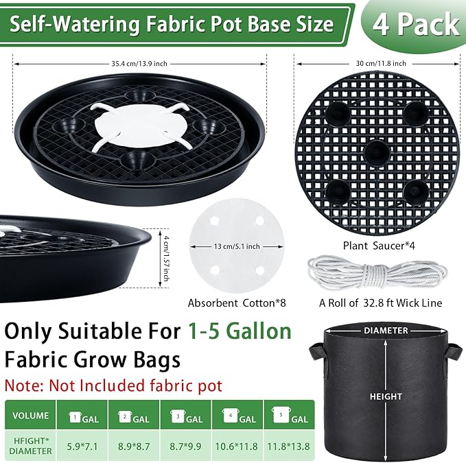 4 Pack 14'' Self-Watering Fabric Pot Base - Auto-Irrigation System Plant Saucer for 5 Gallon Fabric Pot, Auto Watering Plant Water Tray Self Watering System for Indoor Greenhouse Grow Tent Garden