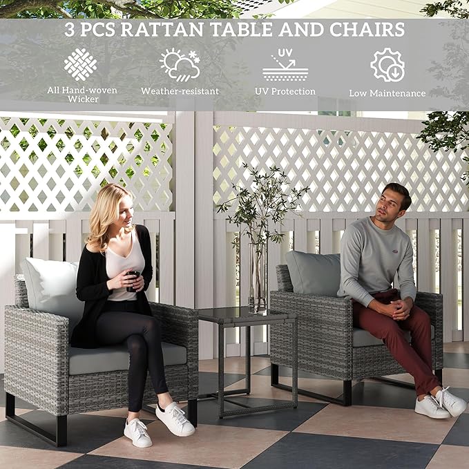 Outsunny 3 Pieces Patio Furniture Set, Wicker Conversation Bistro Set with 4 Soft Cushions, Rattan Chairs and Glass Coffee Table for Backyard, Porch, Poolside, Balcony, Gray