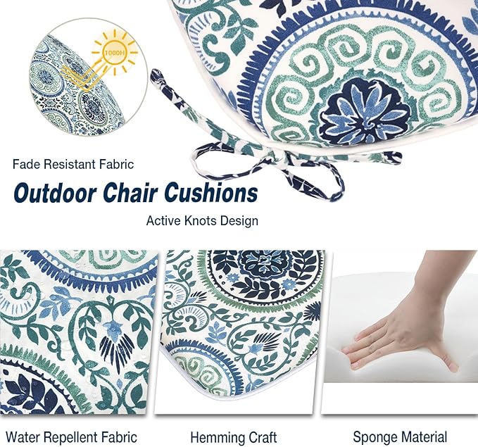 Outdoor 16"x17" Chair Pads Set of 4, Water Resistant Patio Chair Cushions with Ties, Seat Cushions for Home Garden Furniture Decoration, Celadon Wreath