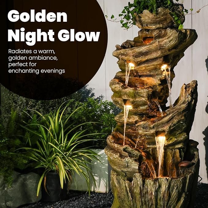 Sunlinua 55" H Outdoor Water Fountain 7-Tiers Large Cascading Imitative Wood Natural Waterfall Outdoor Fountains Resin Floor Standing Foutain with LED Lights for Garden, Patio, Porch