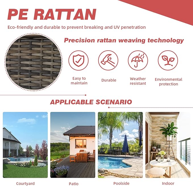 MELLCOM 5 Pieces Patio Furniture Set, Wicker Outdoor Furniture with Ottomans, Rocking Chairs and Glass Coffee Table, Outdoor Swivel Rocker Patio Chairs for Porch, Wine Red