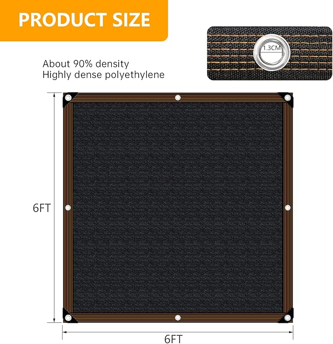Shade-Cloth 85-90% for Garden Plants 6x6 FT, Black Sun-Block Shade Cover Mesh Tarp with Grommets Sun Shade Canopy for Outdoor Pergola Patio Flower Lawn Kennel Chicken Coop