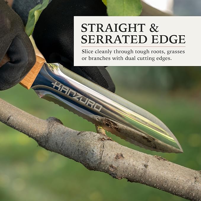 Hori Hori Garden Knife - Japanese Style Weeding & Digging Knife with Stainless Steel Blade, Depth Markings, Wooden Handle & Protective Sheath - Silver