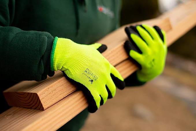 G & F 1516 12 Pairs Pack Premium High Visibility Low emissions Green Work and gardening Gloves for Men and Women. MicroFoam Textured Coated Palm and Fingers Gloves for Gardening Work, X-Large, Green