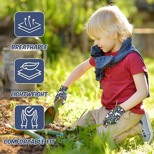 HANDLANDY Kids Genuine Leather Gardening Gloves for age 2-9, Children Work Gloves for Boys, Girls, Toddlers (Blue, L)