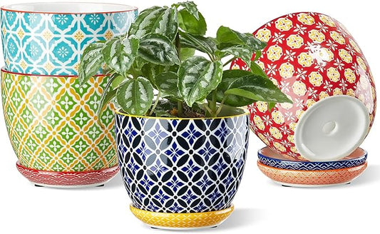 Metahom Ceramic Plant Pots, 4.9 Inch Flower Pots with Drainage Hole & Saucer, Colorful Planter Pots for Houseplants, Succulent, Catus, Home Decor, Set of 4, Vibrant Colors