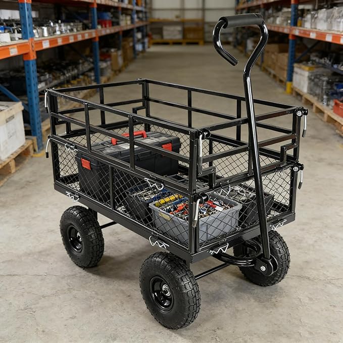 Steel Garden Cart 400 lbs Capacity Heavy Duty Garden Wagons,with Removable Steel Mesh Sides to Convert into Flatbed,Utility Metal Wagon w/ 180°Rotating Handle (Black-Pneumatic-Double Height)