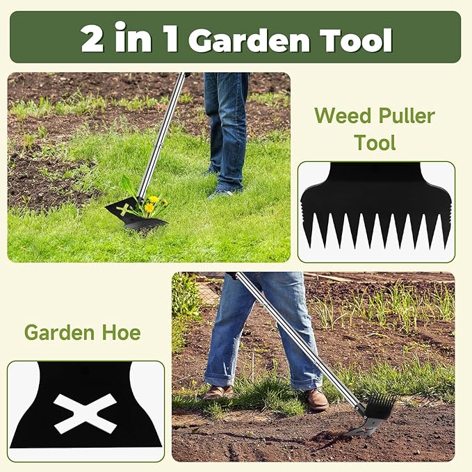 NICOFPHY Weed Puller Tool with Long Handle Pro, 2 in 1 Gardening Weeding Rake and Garden Hoe for Uprooting Grass Gardenia Dandelion, 57" Manual Weeder Weed Pulling Tool for Garden, Yard and Lawn