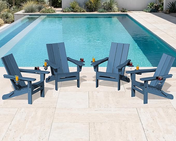 SERWALL Modern Folding Adirondack Chair Set of 4, HDPE Weather Resistant Outdoor Adirondack Chair with Dual Cup Holders, Patio Lawn Garden Chairs, Blue