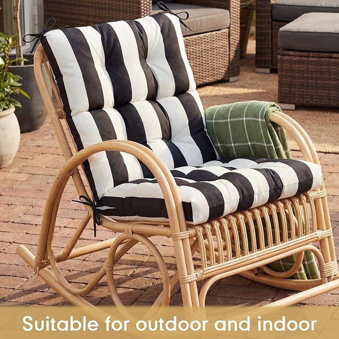 Hoteam 4 Pcs High Back Chair Cushions Set - 44'' x 21'' Indoor Outdoor Waterproof Soft Thicken Stripes Replaceable Cushion for Garden Summer Rocking Chair, Patio Furniture (Black Stripes)