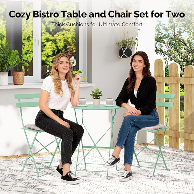 VINGLI Outdoor Folding Bistro Table and Chairs Set of 2, 3-Piece Bistro Set with Premium Steel Frame and Comfortable Cushions for Patio, Balcony, Garden, Porch, Yard, Green
