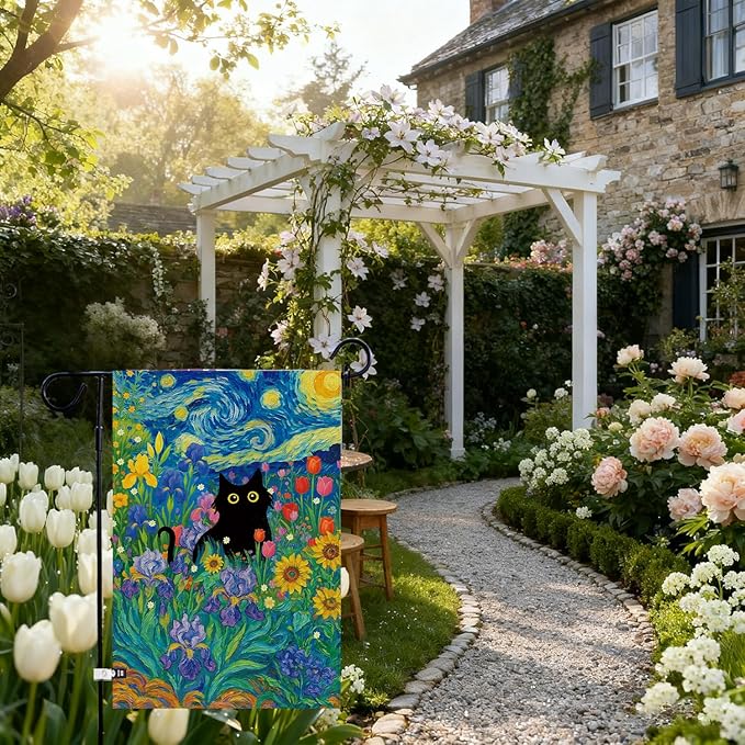 Baccessor Spring Summer Black Cat Garden Flag Double Sided 12.5 x 18 Inch Burlap with Clip and Stopper,Starry Night Flowers Flag Yard Lawn Seasonal Farmhouse Outside Outdoor Decoration