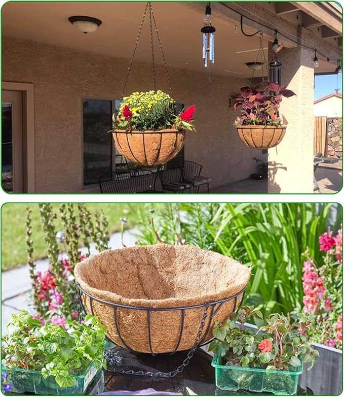 LCHUANG Hanging Baskets Planter for Plants - 4 Pack 12 Inch Metal Baskets with Coco Coir Liner, Hanging Flower Pots for Outside with Chain, Indoor Outdoor Garden Porch Decoration (12'' Pack of 4)