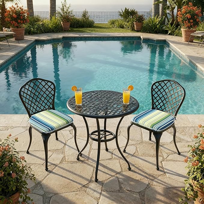 DYTXIII Set of 2 Outdoor Chair Cushions with Ties,Water Repellent Patio Chair Pads 17"x 16" for Outdoor Furniture,Round Corner Seat Cushions for Garden Yard Kitchen Stripe Blue Green
