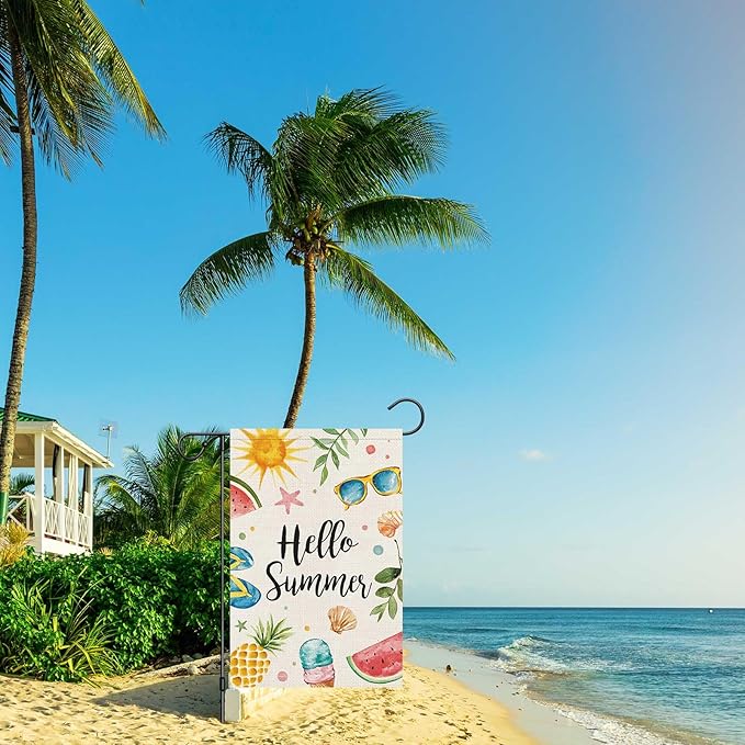 Hello Summer Garden Flag 12x18 Inch Double Sided Vertical, Small Burlap Colorful Sun Ice Cream Fruits Beach Sign Yard Outdoor Decoration