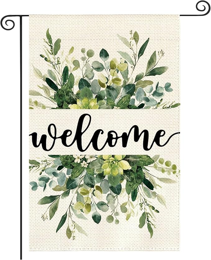 Garden Flag 12x18 Inch Double Sided for Outdoor Use Spring Summer floral welcome sign with eucalyptus design, ideal spring decorations for home, seasonal farmhouse yard flag for outside patio and garden