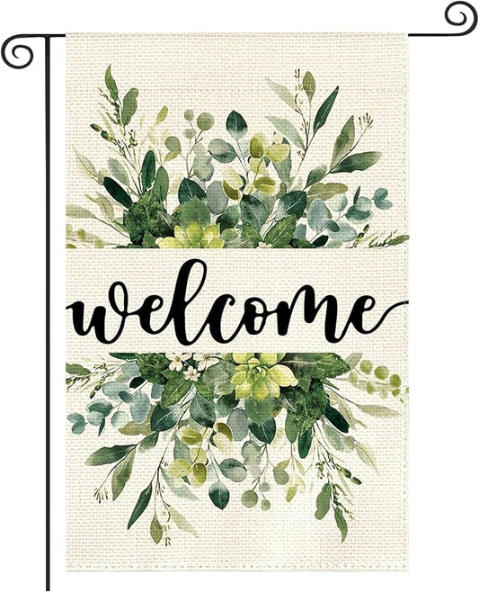 Garden Flag 12x18 Inch Double Sided for Outdoor Use Spring Summer floral welcome sign with eucalyptus design, ideal spring decorations for home, seasonal farmhouse yard flag for outside patio and garden