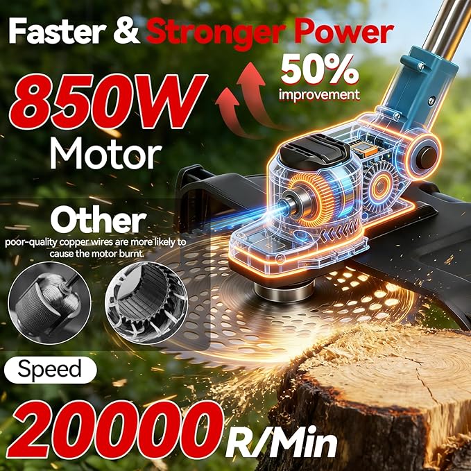 20000 RPM Electric Weed Wacker with Wheel,12″ Brushless Cordless Weed Eater Battery Powered, String Trimmer/Brush Cutter/Grass Trimmer/Lawn Mower, Edger Weed Trimmer for Garden Yard Tool