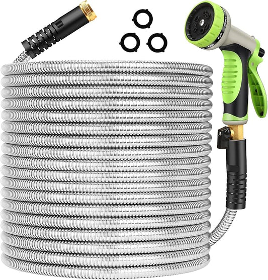 Metal Garden Hose 75 ft Stainless Steel Water Hose Heavy Duty Flexible Lightweight Durable Long No Kink Hoses Pipe with 10 Function Nozzle Strong 3/4’’ Solid Brass Fitting for Outdoor Yard